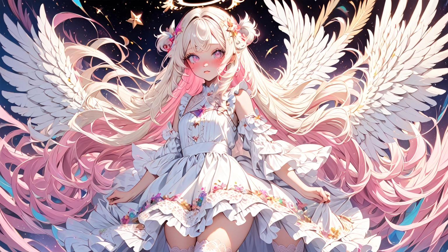 1girl, glowing halo above head, shoulder length white blonde hair, white feathery angel wings, star eyes, skin texture, freckles, blush, eyelashes, lacy pink and white dress, thigh high socks with lace detail, colorful,