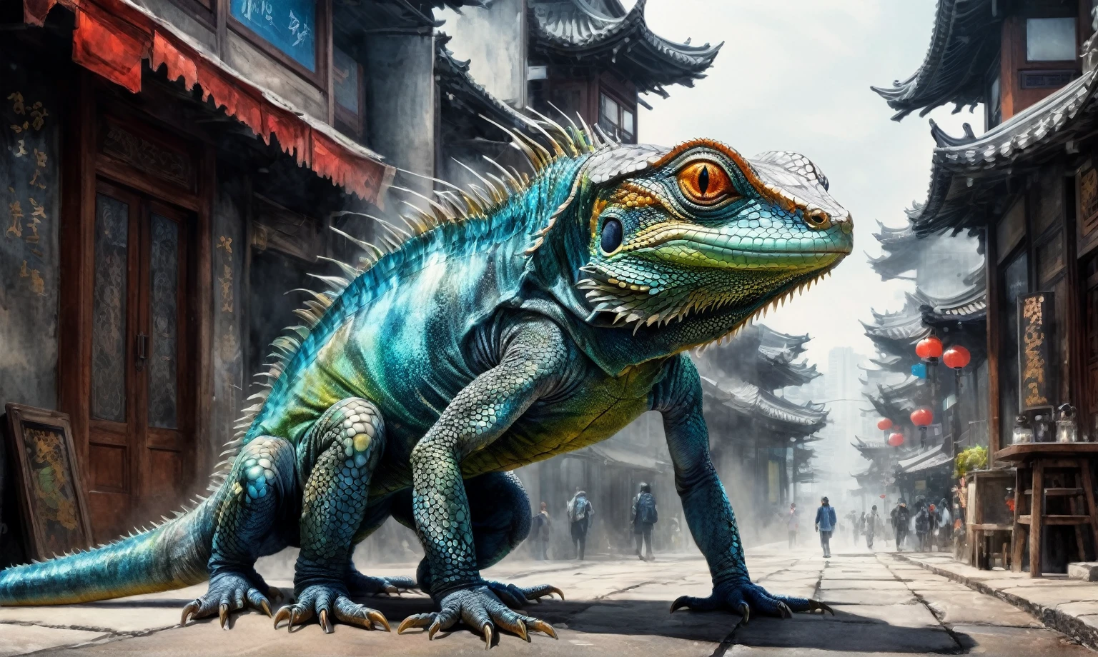 full body length shot,beggar graphite Manganite sparas, wants eat,survival in Korean city of future,Cinematic,soft colors, Technicolor,natural skin textures, hyper realism, hyper detailed,Extremely detailed,High contrast,Masterpiece,Realistic,Ultra Detailed, intricate details,realistic lizard's humid leather,extremely intricate,Epic Realistic, Mestichino,Light particles,marble leather ,ink photography ,lizard's skin,cinematic style,irina yermolova,high contrast,hdr,extremely detailed,masterpiece,intricate details,faded,eyes extremely detailed, high detailed eyes,16k resolution,RAW,retina, Nikon Z9,orc,Guangxi Zhuang of China,tkt style, Pisces,perfect,transition between two art styles, Ink painting to photorealism, Double contact, X-ray, Creative, vivid light, masterpiece, fantasy, Abstract Surrealism, super detailed, high resolution, stop:35