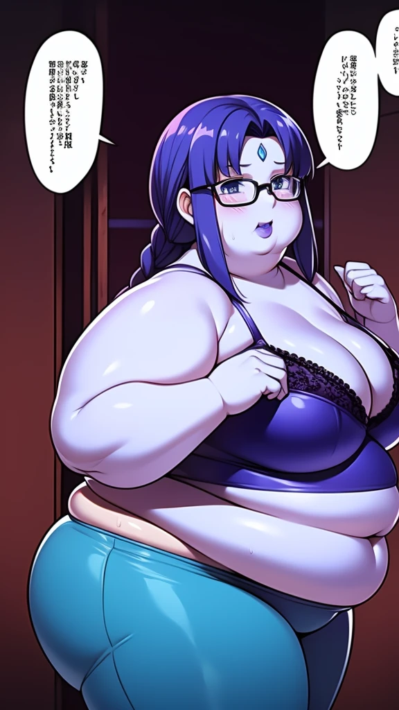 Anime Women, Lady、Forehead、Braided Pigtails、Purple Hair、Glasses、Sharp eyes、Purple lips、Cobalt blue body、Cobalt blue skin、Are fat、Chubby、Voluptuous、obesity、Double chin、Fatty neck、Big Breasts、Saggy breasts、Thick upper arms、Thick arms、thick fingers、Fat belly、Flabby belly、Thick legs、Big Ass、Brown bra、Brown Girdle、Sweaty、Gloss、Side Shot