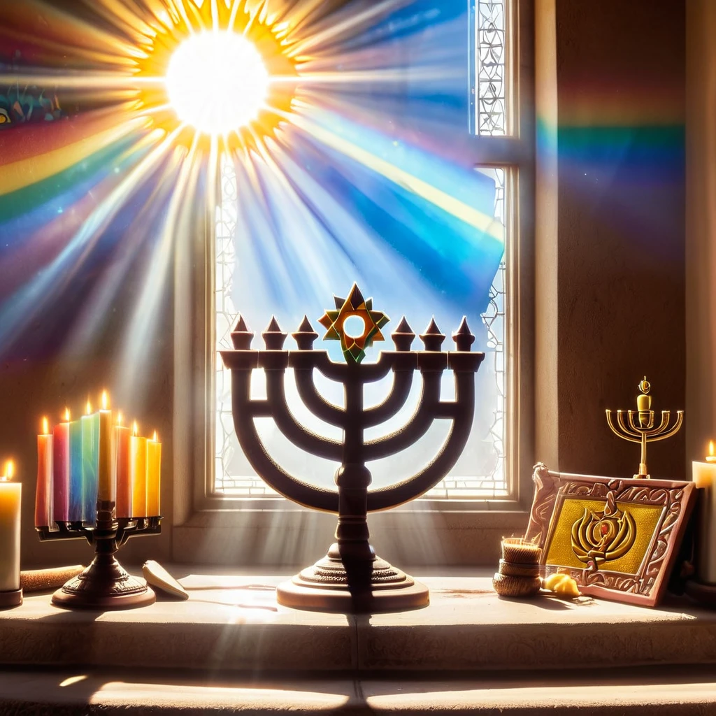 a close up of a window with a menorah and a sun, a poster by Tom Wänerstrand, unsplash contest winner, street art, window at the center, displayed on an altar, symbolic mural, official artwork, tim hildebrant, the sun reflecting on a window, still of rainbow ophanim, biblical art lighting, bright light masterpiece