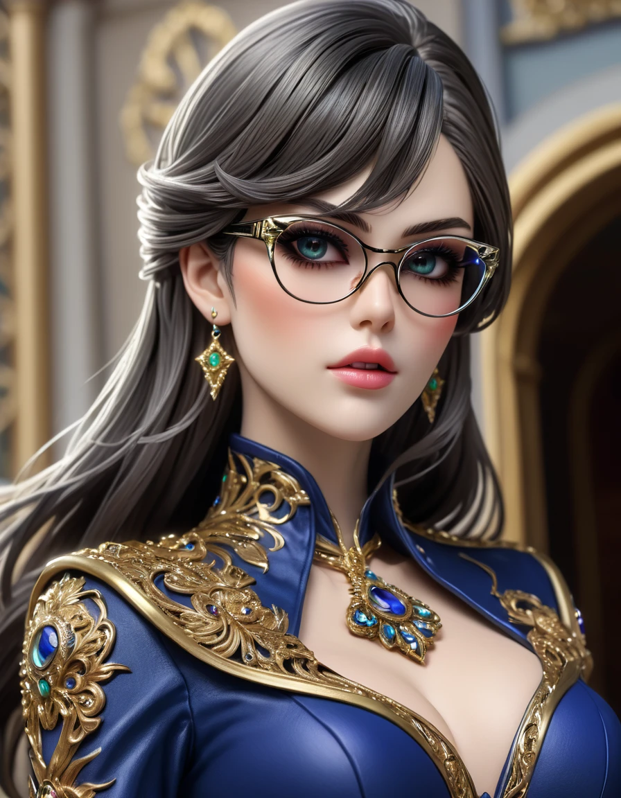 Fille Bayonetta ,porte des lunettes allongées de forme complexe très détaillé et pointue