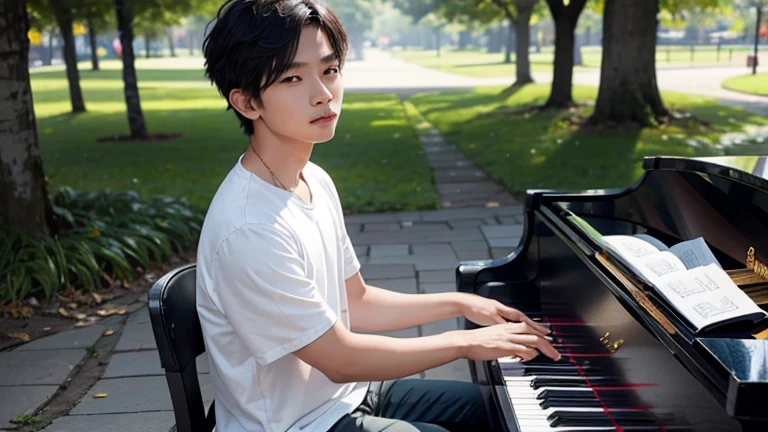 Please make a picture of a young Indonesian male musician playing the piano in the park and his face facing the camera
