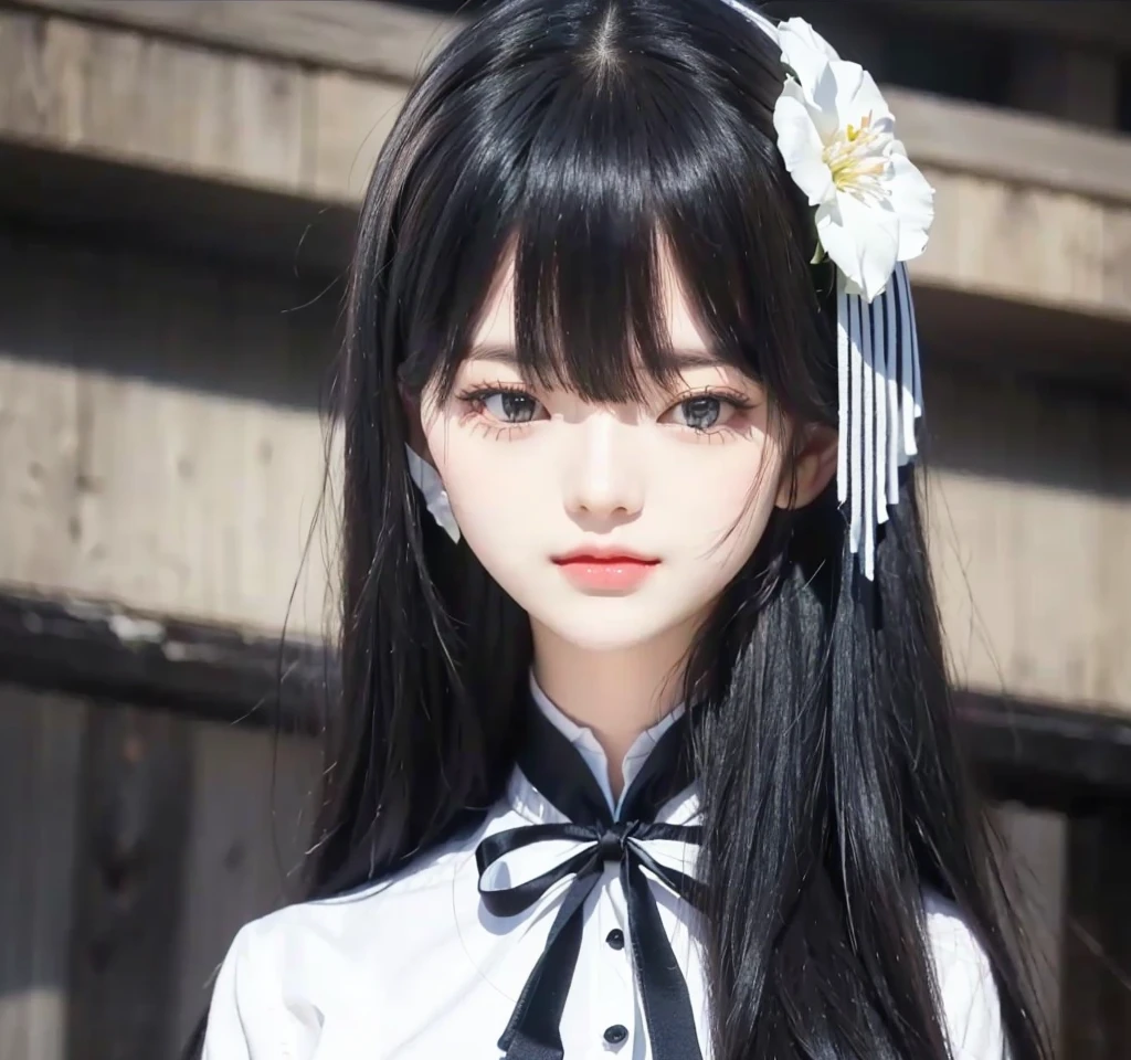 cute girl with long black hair and white shirt with flower in her hair, realistic detailed 4K