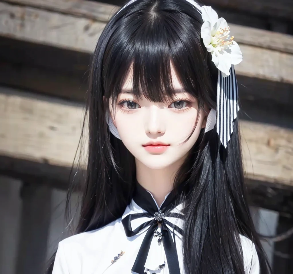 cute girl with long black hair and white shirt with flower in her hair, realistic detailed 4K