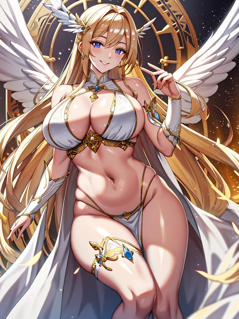 A priestess in a traditional white bikini,Valkyrie,Angel Wings,belly button,Side bust,Complex,Particles of light,Thighs,Shiny skin, 口を開けたsmile、White teeth、Plump、Perfect lighting, One adult woman, Pelvic curtain looking at the viewer, smile,(masterpiece), (Highest quality), maternal, Porcelain-like skin, Honey Blonde Hair, Very long straight hair