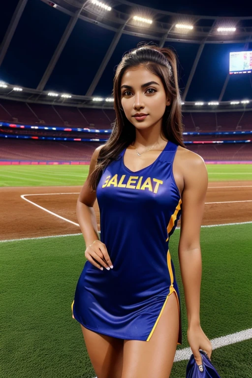 A beautiful girl in the stadium at night time Athletics dress phene hue,madhy  estan,chote bal, 