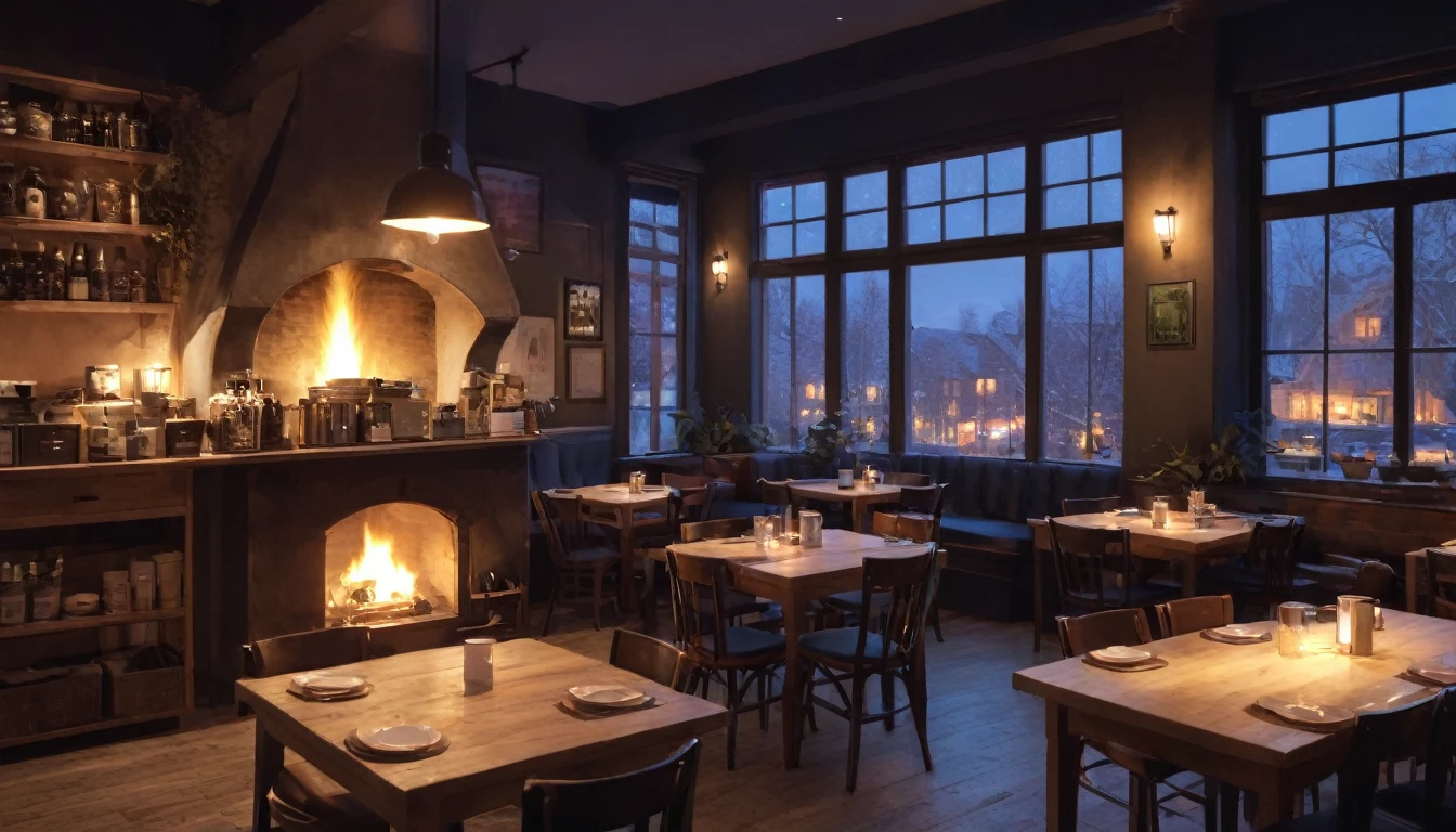 at night a cozy coffeeshop with a lot of tables, a big window in the center and a fireplace