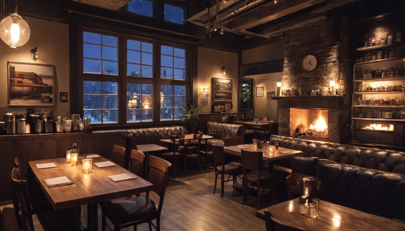 at night a cozy coffeeshop with a lot of tables, a big window in the center and a fireplace