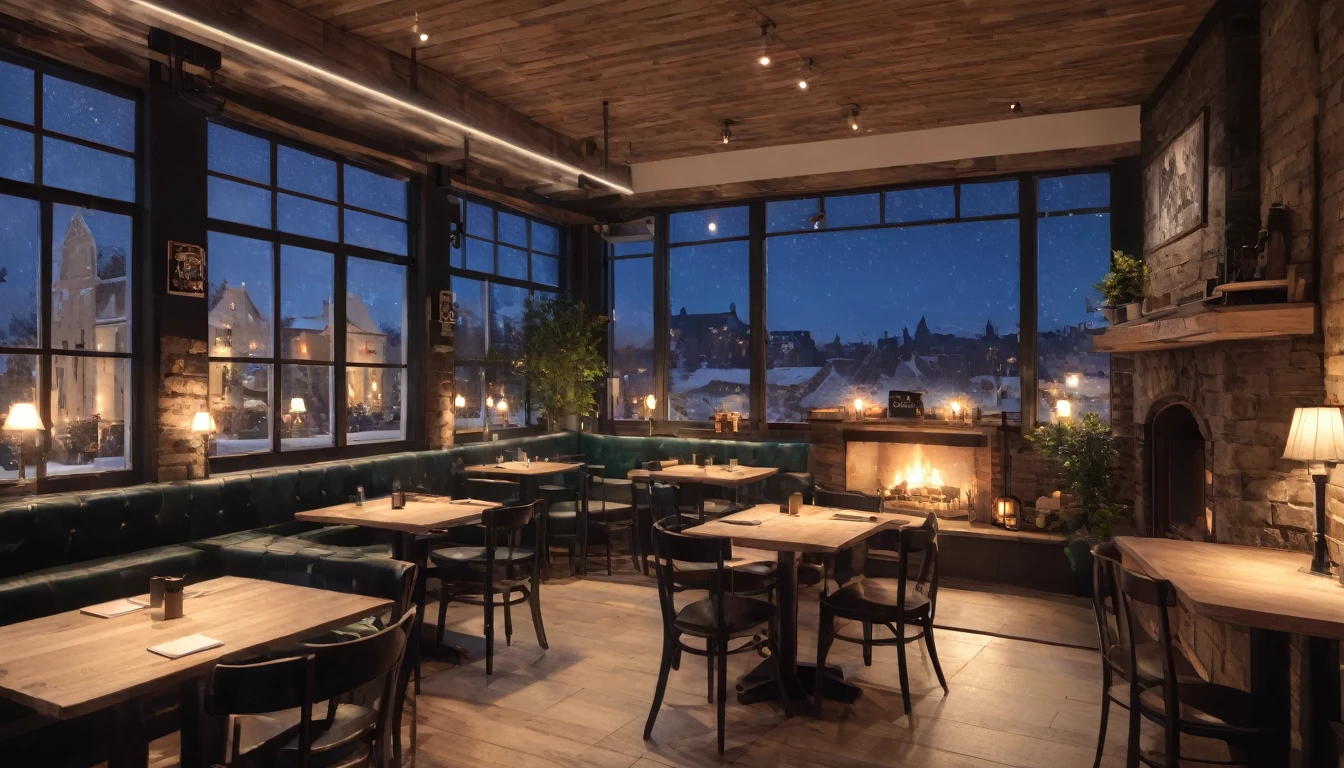 at night a cozy coffeeshop with a lot of tables, a big window in the center and a fireplace