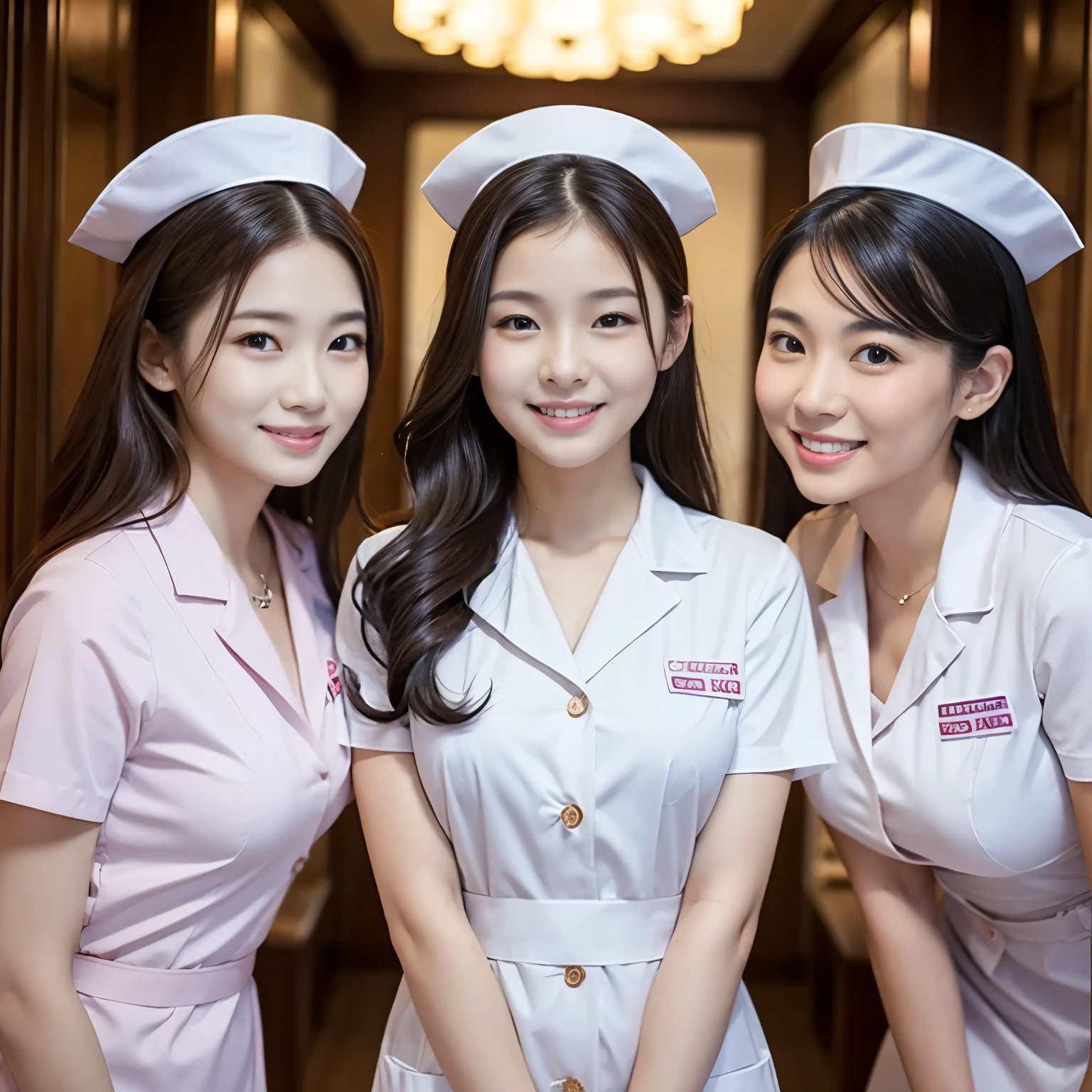 Three beautiful women、 、Upper Body、Waist、Lady、80mm lens、Highest quality、Small breasts、Small Breasts、Are thin、Luxury、smile、Reception、Nurse uniform center nude、Three nurses