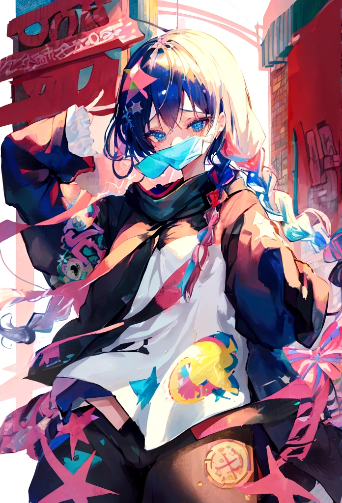 A cool girl covers her face with her hands,There are many English letters on the face.,Wearing indigo sequined clothes,Red double braids,Deep blue eyes,Cool expressions and poses,Bust Close-up,There are doodles of various English letters surrounding her on a white background,Shining Star,Graffiti art style,Surreal Portraits,Detailed anime character design,Urban Street Style,Studio Ghibli style,Sharp focus,Bright colors,Ultra HD