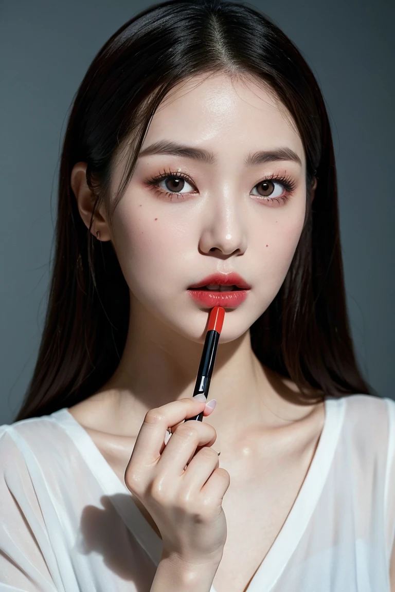 **Stunningly beautiful日本人女性, Perfect porcelain skin and piercing eyes, Now Undead, She is holding a makeup brush with a cold yet mysteriously attractive look.. Her features, Stunningly beautiful, Bearing the unmistakable mark of immortality - pale, Almost transparent skin, With faint eyes, Eerie glow, A mouth full of blood and burger sauce. Despite the creepy scene, There is a captivating beauty in the way she enjoys the joy of applying makeup with a makeup brush.. (Notice the contrast between her beauty and her immortal state., Detailed face, Cinema Lighting, Dark and spooky atmosphere)** -image #4