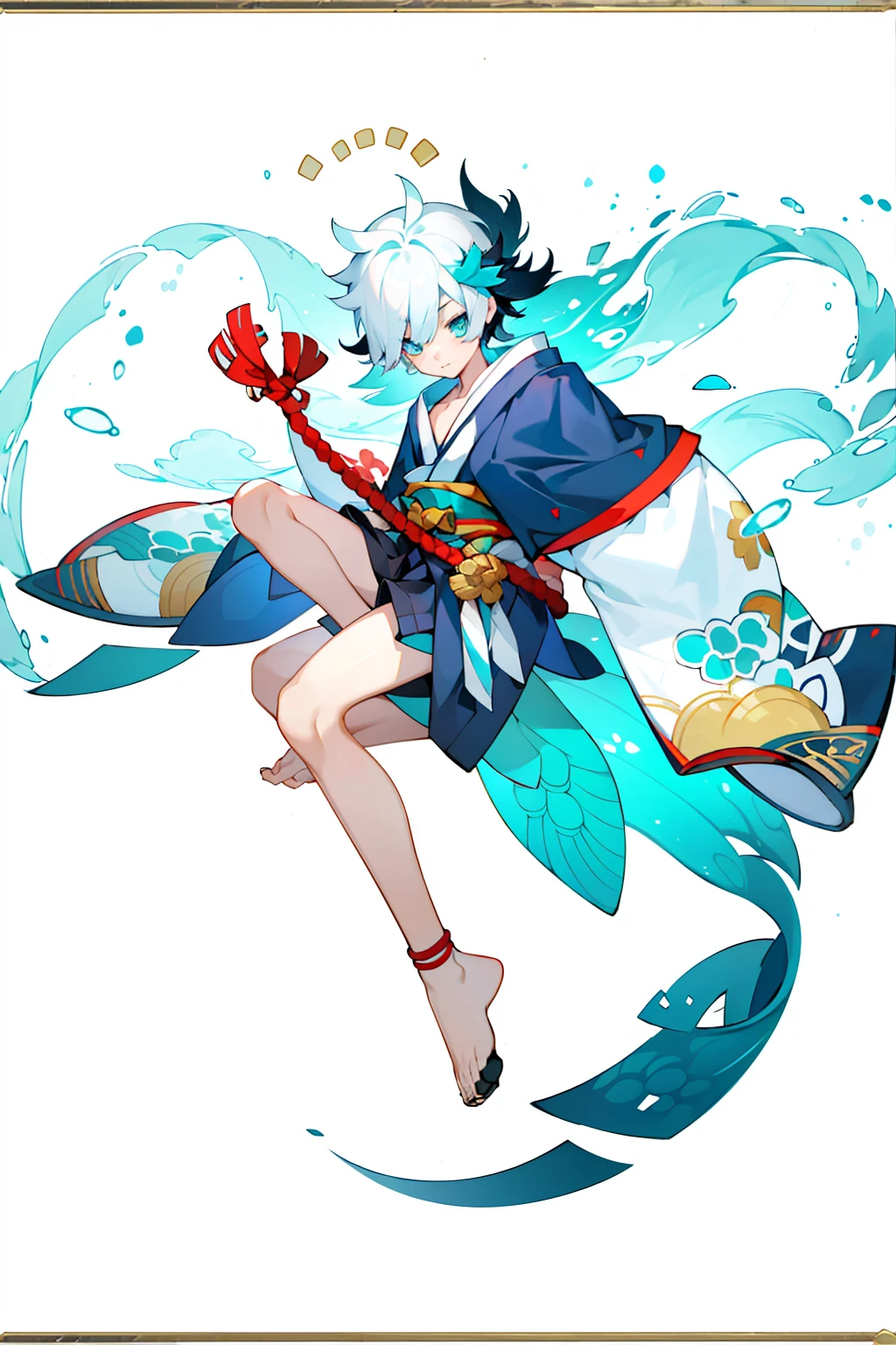 (1 Boy), solo, solo, Full-body portrait, Shark Tail, Blue hoodie, Cute Shota，Shorts，White background, The Detailed Art of the Onmyoji, beautiful painting style, The Style, masterpiece, Top Quality, Highest quality, Ultra-high resolution