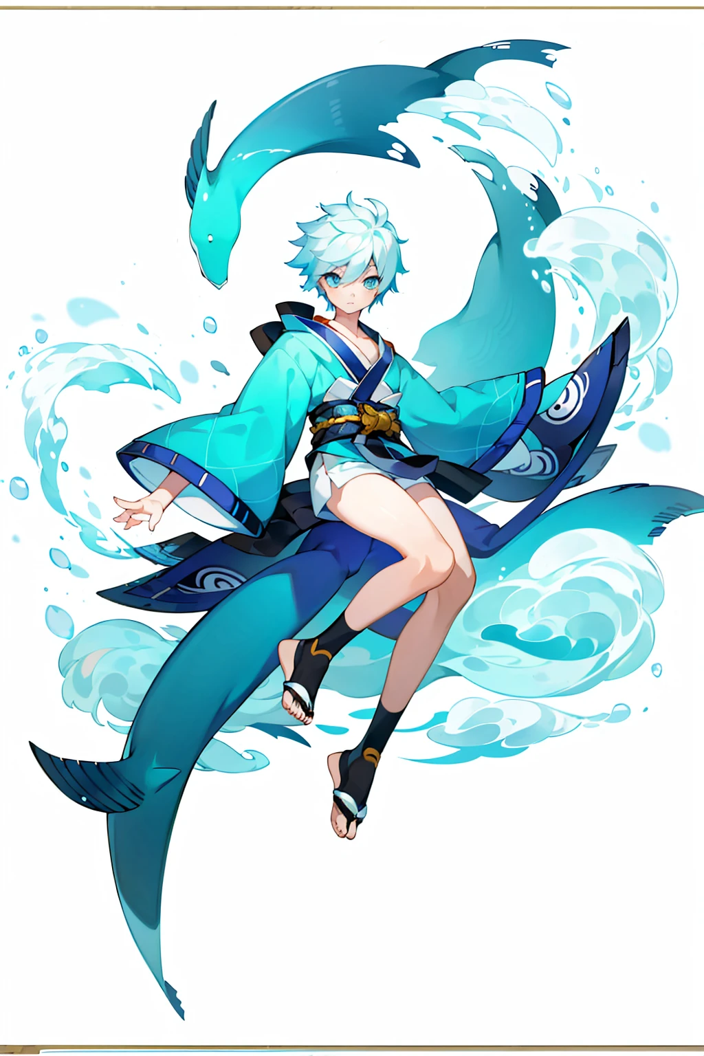 (1 Boy), solo, solo, Full-body portrait, Shark Tail, Blue hoodie, Cute Shota，Shorts，White background, The Detailed Art of the Onmyoji, beautiful painting style, The Style, masterpiece, Top Quality, Highest quality, Ultra-high resolution