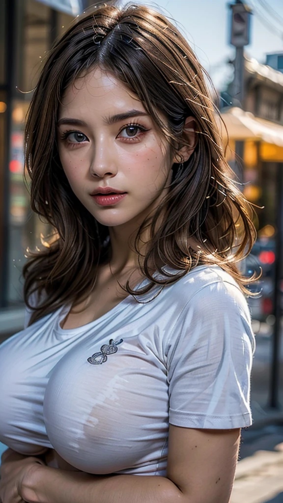 ((Highest quality:1.2)), ((Ultra-high resolution:1.4)), (Realism: 1.4), Depth of written boundary, ((Very beautifully detailed face:1.2)),Beautiful Face, (Purelos Face_v1: 1.0), Half Body,((White simple background)), Front lighting, Intricate details, Exquisite detail and texture, One girl, alone ,(young), Facial highlights, Upper Body, Detailed face, (((Natural big breasts:1.4))),(((T-Shirts)))