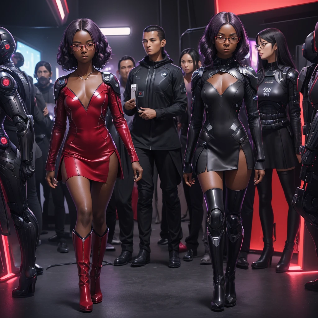 (masterpiece), (best quality), (high res) Solo, (perfect anatomy), (young girl ((((10 years old))), ((((dark skin)))), curly purple hair (shoulder length), red eyes, round eyeglasses, (skin tight long sleeved dress), (red high heels boots), (shirt), (super tight skirt), angry, (((flat chest))), in a futuristic setting with a red light, cyberpunk, cyber suit, best anime 4k, cybersuits, in a backstage