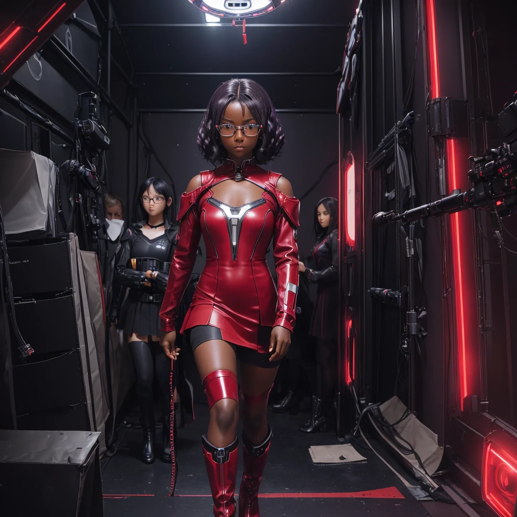 (masterpiece), (best quality), (high res) Solo, (perfect anatomy), (young girl ((((10 years old))), ((((dark skin)))), curly purple hair (shoulder length), red eyes, round eyeglasses, (skin tight long sleeved dress), (red high heels boots), (shirt), (super tight skirt), angry, (((flat chest))), in a futuristic setting with a red light, cyberpunk, cyber suit, best anime 4k, cybersuits, in a backstage