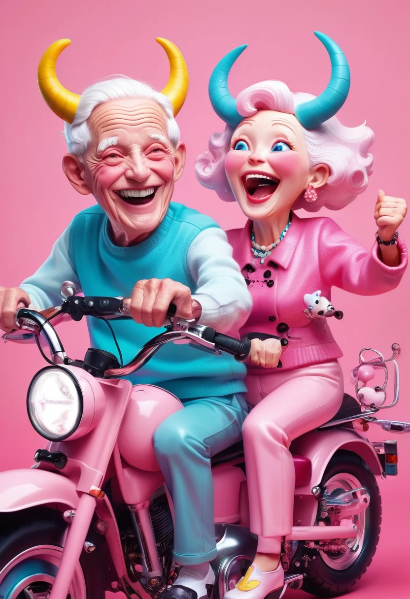 Jon Burgerman,Happy laughing old couple riding motorcycle, with horns on their heads, pink background, pink background,Zhang Jingna,in the style of aggressive digital illustration, bold and colorful portraits, lit kid, Picasso,Hikari Shimoda。