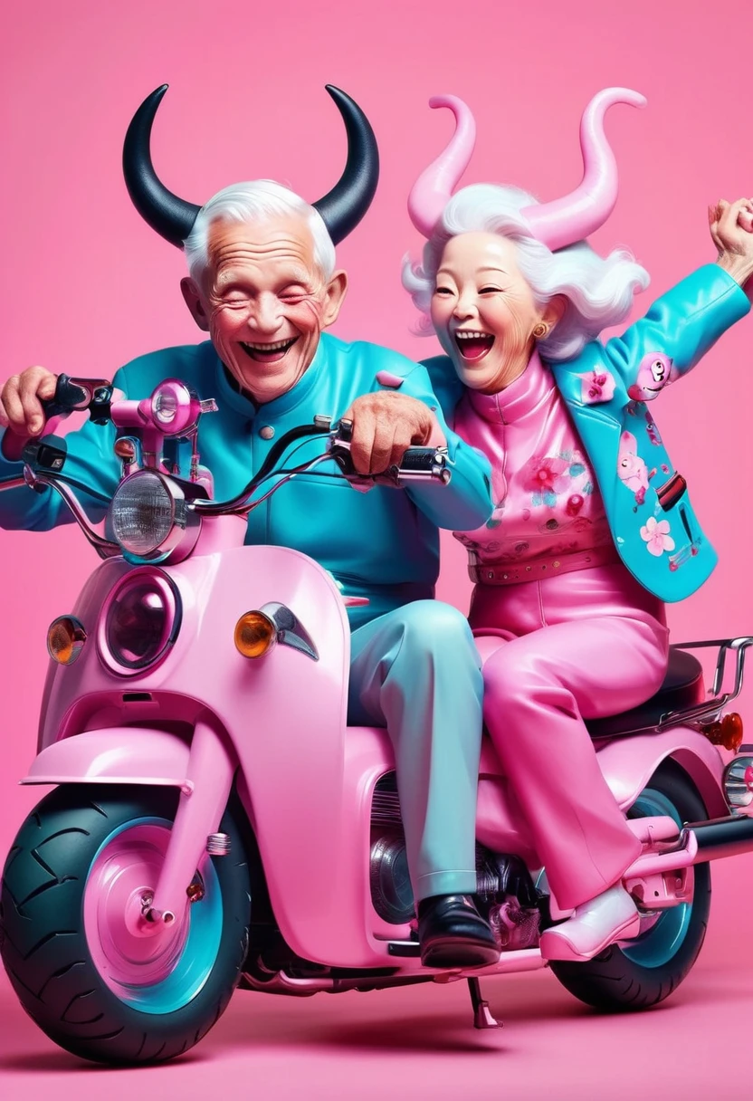 Jon Burgerman,Happy laughing old couple riding motorcycle, with horns on their heads, pink background, pink background,Zhang Jingna,in the style of aggressive digital illustration, bold and colorful portraits, lit ???, Picasso,Hikari Shimoda。