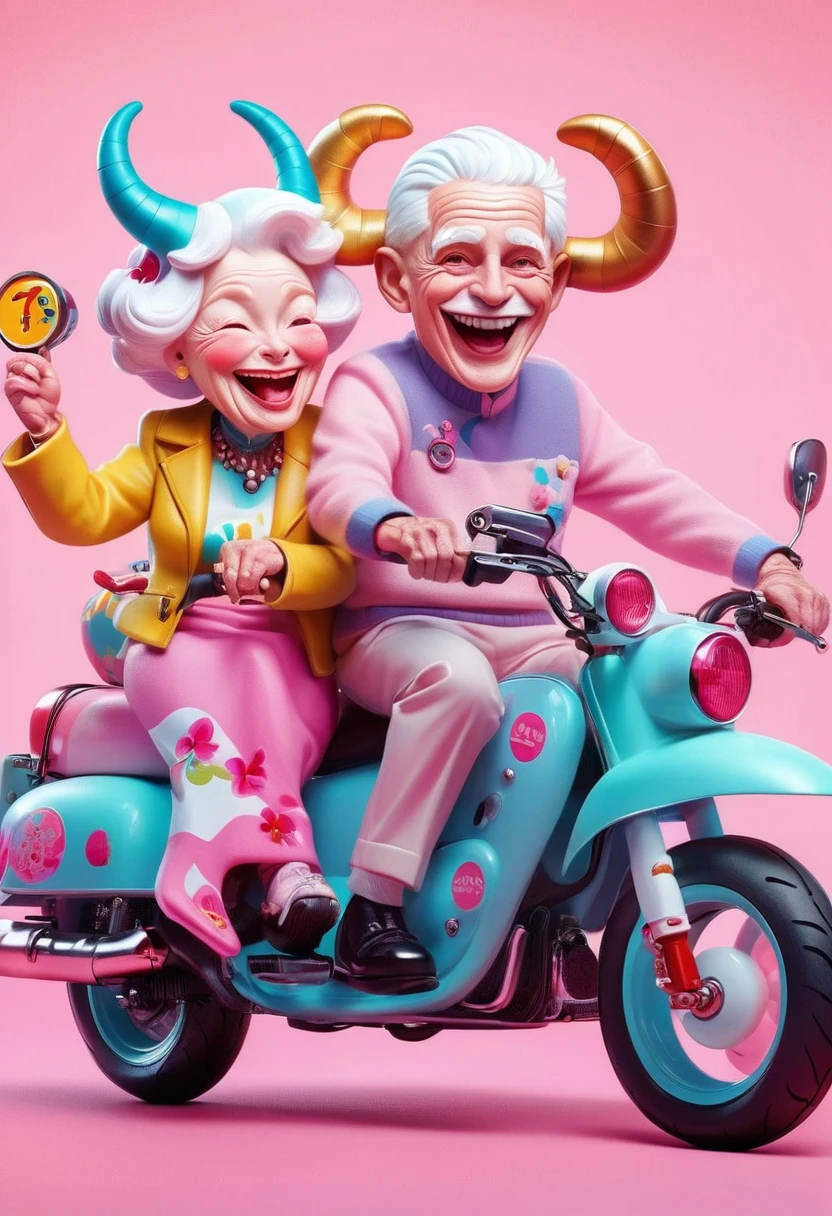 Jon Burgerman,Happy laughing old couple riding motorcycle, with horns on their heads, pink background, pink background,Zhang Jingna,in the style of aggressive digital illustration, bold and colorful portraits, lit ???, Picasso,Hikari Shimoda。