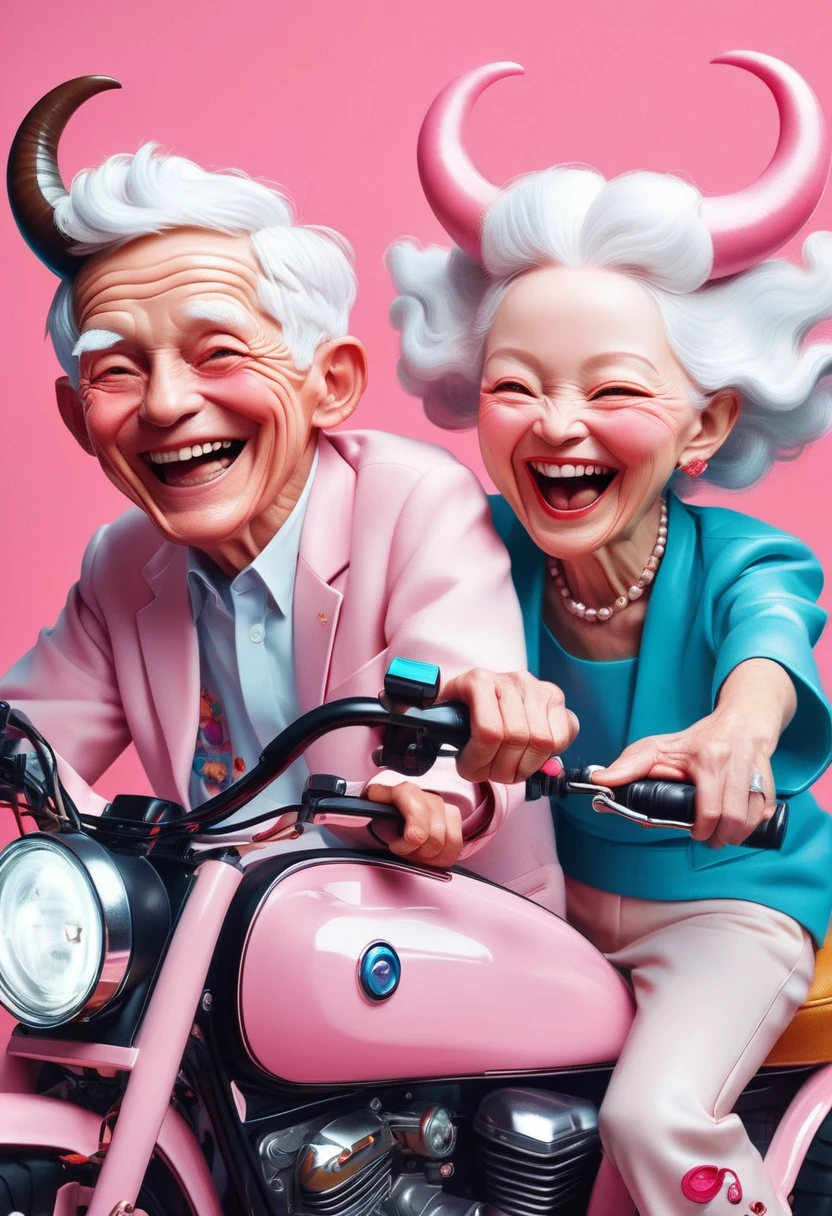 Jon Burgerman,Happy laughing old couple riding motorcycle, with horns on their heads, pink background, pink background,Zhang Jingna,in the style of aggressive digital illustration, bold and colorful portraits, lit kid, Picasso,Hikari Shimoda。