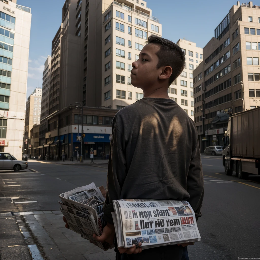 A 12-13-year-old boy in a dirty shirt is looking up at the sky, holding a load of newspapers in his arms. In front of him are tall buildings, and the shadow of a gentleman on the street.The picture will be taken from the back of the boy, no face of the boy will be seen in the picture