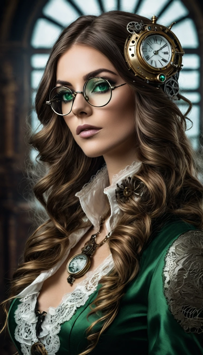 Un portrait hyperréaliste d’une sublime femme heureuse aux longs cheveux vert sombre foncé, portant une robe en dentelle blanche avec des accessoires steampunk, (elle porte des lunettes mécanique de style steampunk, lunettes avec un système complexe formé de loups et d’accessoires d'optique,système très détaillé), cheveux_très_longs, situé dans une pièce de style victorien avec des éléments mécaniques, poitrine décolletée effet push-up , regard intense et sensuel 