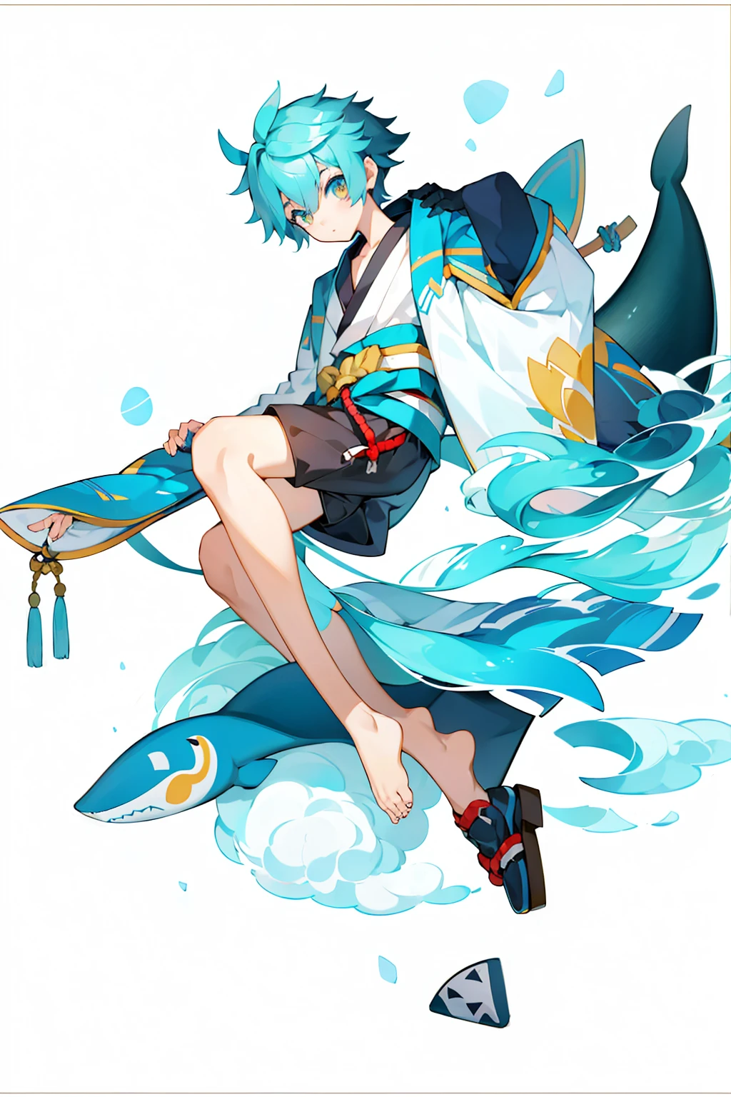 (1 Boy), solo, solo, Full-body portrait, Shark Tail, Blue hoodie, Cute Shota,Shorts,White background, The Detailed Art of the Onmyoji, beautiful painting style, The Style, masterpiece, Top Quality, Highest quality, Ultra-high resolution