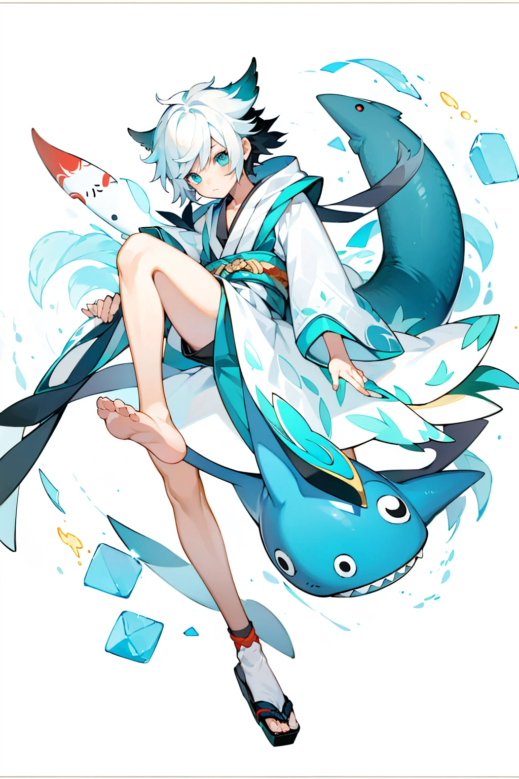 (1 Boy), solo, solo, Full-body portrait, Shark Tail, Blue hoodie, Cute Shota，Shorts，White background, The Detailed Art of the Onmyoji, beautiful painting style, The Style, masterpiece, Top Quality, Highest quality, Ultra-high resolution