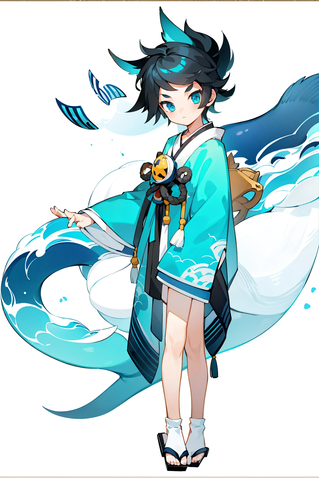 (1 Boy), solo, solo, Full-body portrait, Shark Tail, Blue hoodie, Cute Shota，Shorts，White background, The Detailed Art of the Onmyoji, beautiful painting style, The Style, masterpiece, Top Quality, Highest quality, Ultra-high resolution