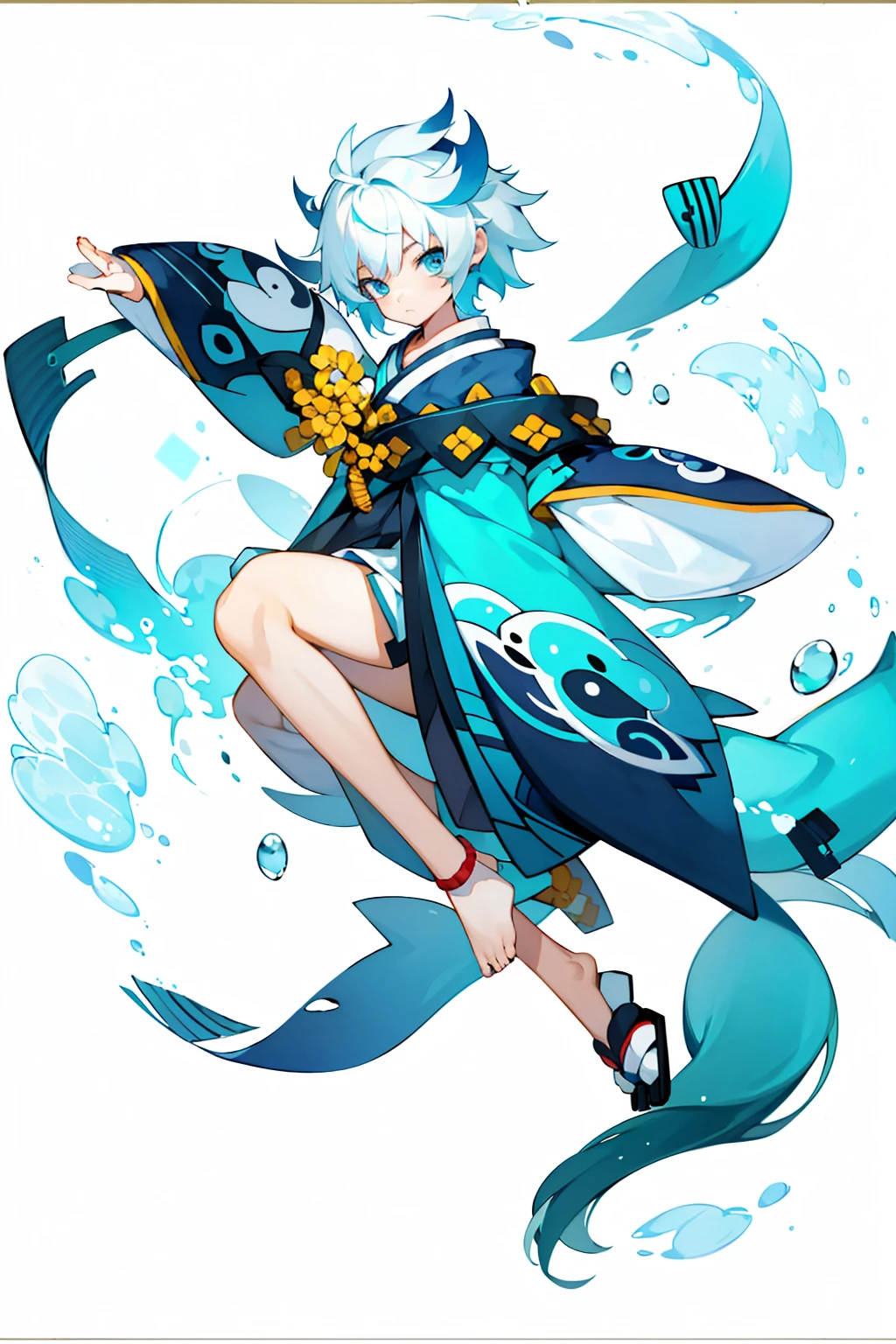 (1 Boy), solo, solo, Full-body portrait, Shark Tail, Blue hoodie, Cute Shota，Shorts，White background, The Detailed Art of the Onmyoji, beautiful painting style, The Style, masterpiece, Top Quality, Highest quality, Ultra-high resolution