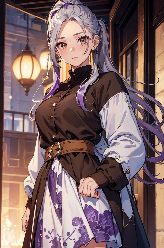 Photo Info: Beautiful, perfect photo, HD, top-quality, masterpiece, perfect hands, cowboy shot, (((Medium-long straight silver hair))), (((middle part))), goes over shoulders, (((purple highlights))) , ponytail, round ears, multiple ear piercings (lobe, helix, and orbital ear piercings),short, cute, lots of makeup, blush on cheeks, long lashes, large doe eyes. 1person, ((((brown eyes)))), confident