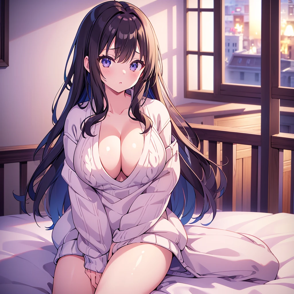 1 girl、(Oversized sweater:1.3)、カラフルなOversized sweater、(Cleavage) Good move、4K、High resolution、masterpiece、Highest quality、cap:1.3、((Hasselblad Photos))、Sharp focus、(Cinematic lighting)、night、Soft lighting、Dynamic Angle、[:(Detailed face:1.2):0.2]、(((Sit on the bed)))、NSFW nipples visible from outside the house