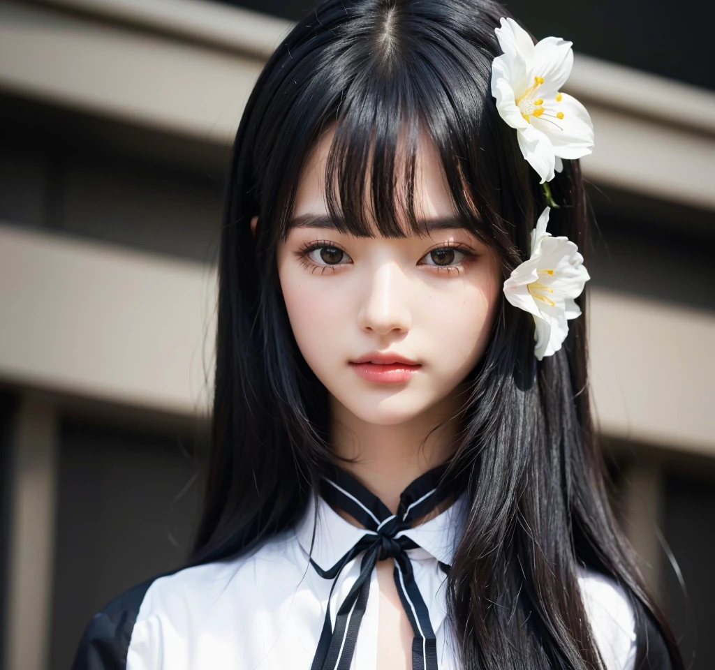 cute girl with long black hair and white shirt with flower in her hair, realistic detailed 4K