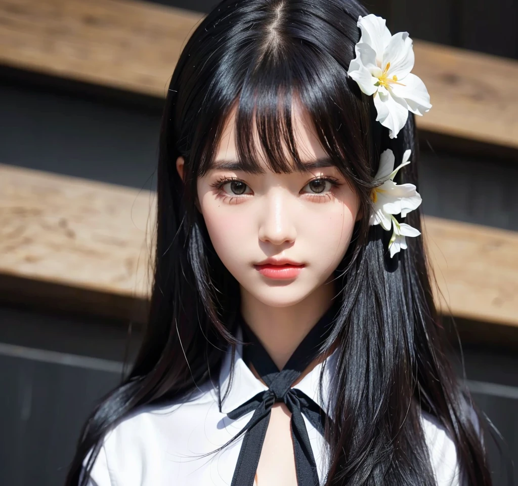 cute girl with long black hair and white shirt with flower in her hair, realistic detailed 4K