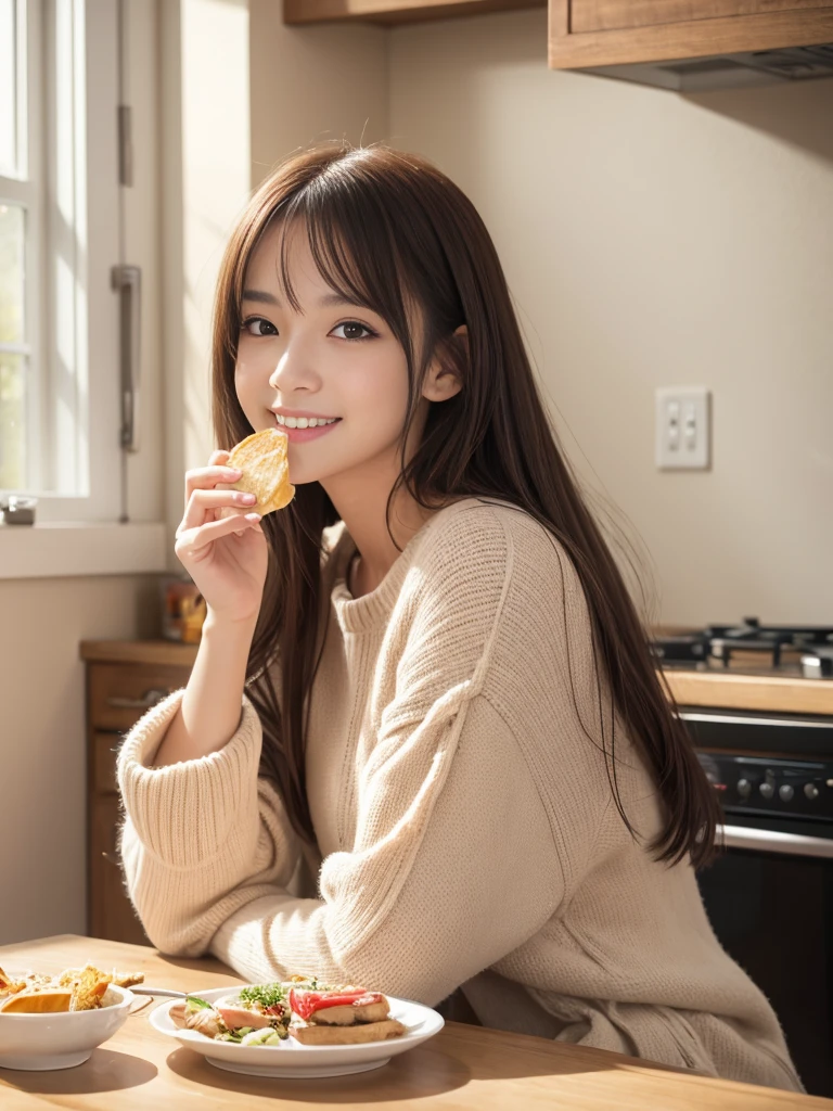 beautiful young woman, anime style, detailed face, wearing casual clothes, sitting at a table, eating a delicious snack, cheerful expression, cozy kitchen, warm afternoon light, detailed background with kitchen elements, high detail, 8k resolution, cinematic lighting, best quality, realistic food textures, gentle shadows, pastel color palette, Instagrammable, cute and relaxed, aesthetic, warm and inviting atmosphere