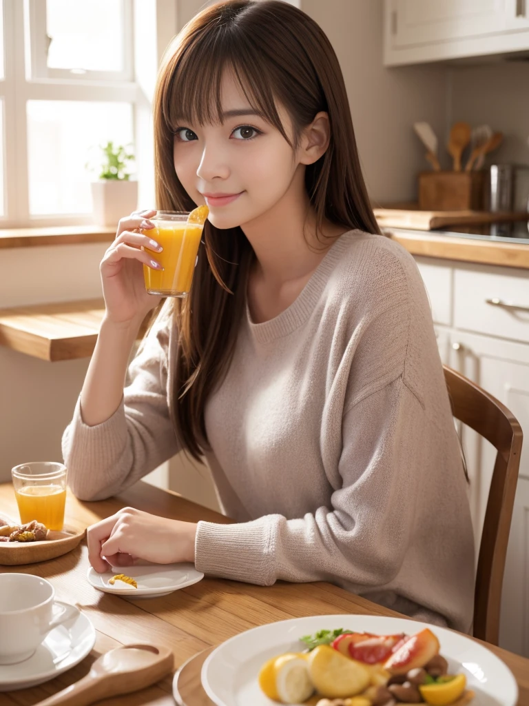 beautiful young woman, anime style, detailed face, wearing casual clothes, sitting at a table, eating a delicious snack, cheerful expression, cozy kitchen, warm afternoon light, detailed background with kitchen elements, high detail, 8k resolution, cinematic lighting, best quality, realistic food textures, gentle shadows, pastel color palette, Instagrammable, cute and relaxed, aesthetic, warm and inviting atmosphere