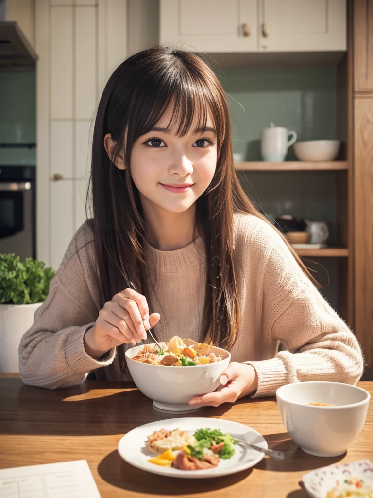 beautiful young woman, anime style, detailed face, wearing casual clothes, sitting at a table, eating a delicious snack, cheerful expression, cozy kitchen, warm afternoon light, detailed background with kitchen elements, high detail, 8k resolution, cinematic lighting, best quality, realistic food textures, gentle shadows, pastel color palette, Instagrammable, cute and relaxed, aesthetic, warm and inviting atmosphere