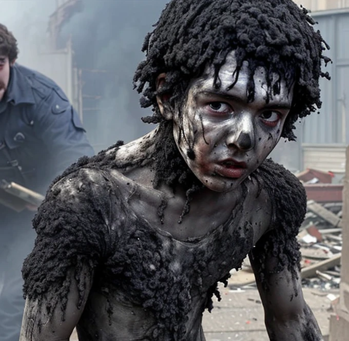 A boy is left in tatters and covered in soot after a bomb explodes in a comedy movie