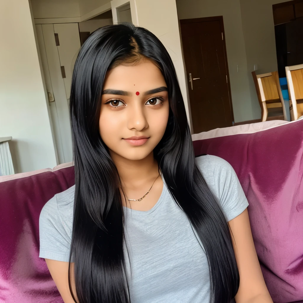 beautiful cute young attractive indian teenage girl, 18 years old, cute, Instagram model, long black_hair, colorful hair, warm, dacing, in home sit at sofa, indian