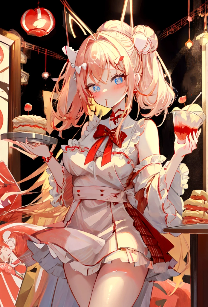 A cute girl, anime art style, big eyes with long eyelashes, hair tied back, and big bows adorned with red and white boxes, she eats apple pie at a vintage dessert shop with vintage neon signs, surrounded by colorful posters with desserts. She had blue eyes and pale skin. She wore a red and white checked slip dress with lace and a bow tied around her neck. Bright colors, strong contrast, Kawaii punk aesthetic