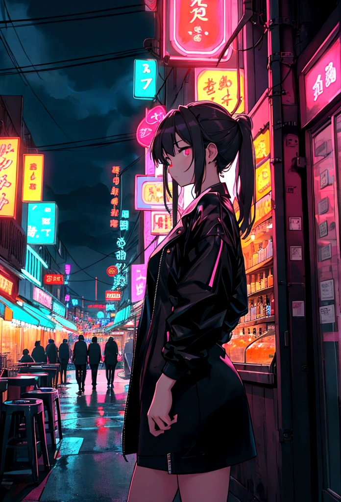 girl, neon, midnight, city, bar, おしゃれ
