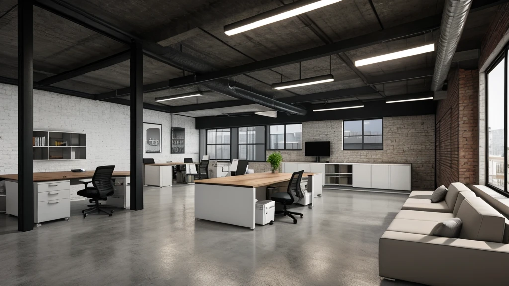 Modern office interior in loft, industrial style, 3d render