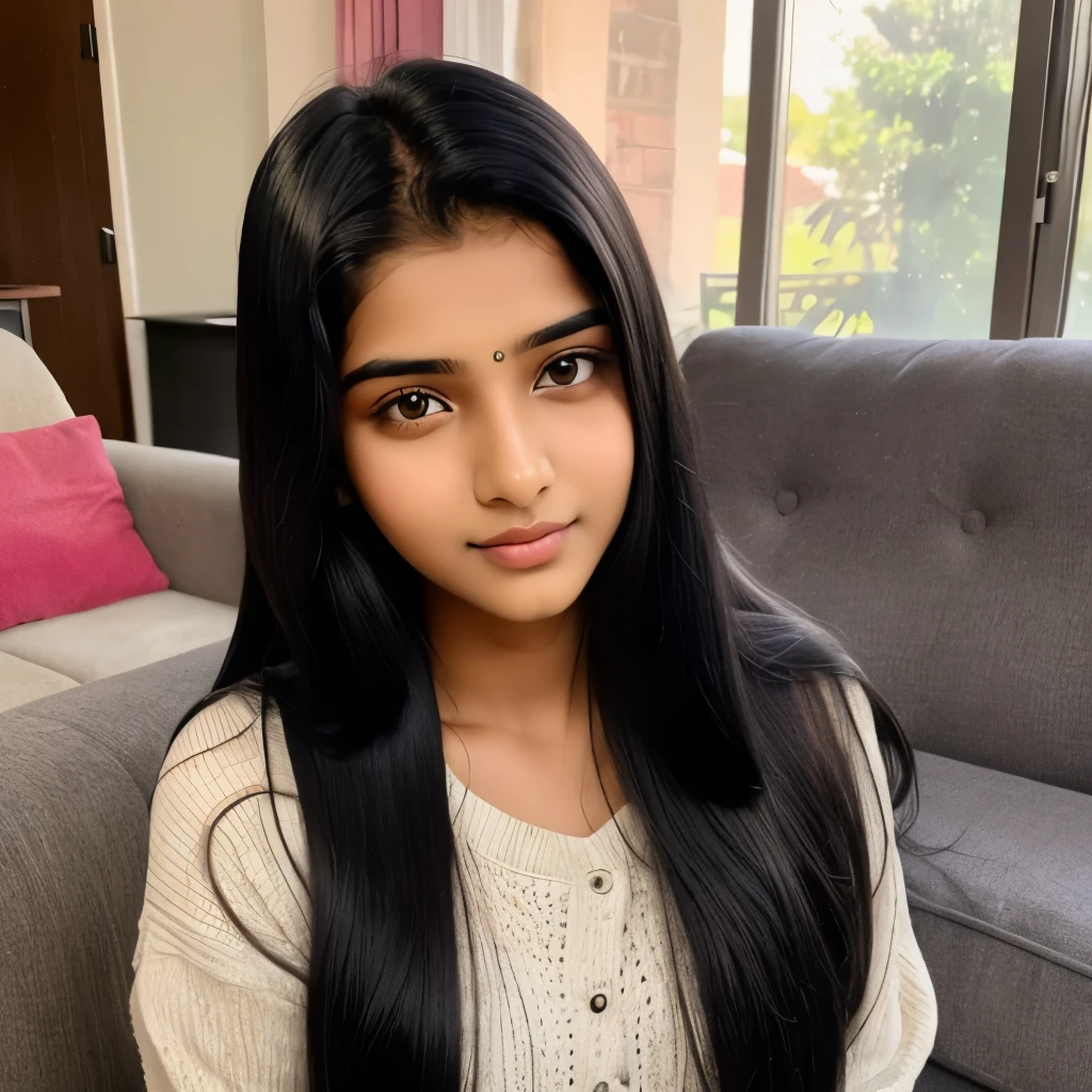 beautiful cute young attractive indian teenage girl, 18 years old, cute, Instagram model, long black_hair, colorful hair, warm, dacing, in home sit at sofa, indian