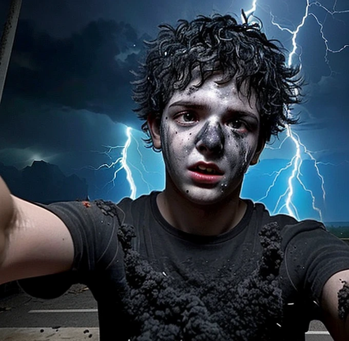 A selfie of a boy electrocuted in a comedy movie, covered in soot and left in tatters after being struck by lightning