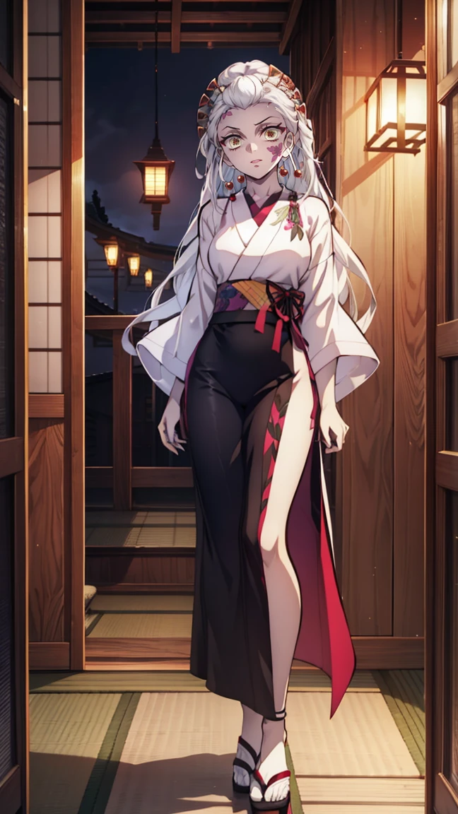 One Demon Girl, looks at the camera, Portrait of a girl, Beautiful waist, night, ancient japan, very sexy, grin, in a wooden house, fangs обножены, mouth open, fangs, smile, White hair, erotica, very sexy, beautiful body is completely visible, masterpiece, Best quality, full length (Full body 1.1.), Beautiful waist, good feet, high quality, long hair, White hair. Highly detailed face, depth of field, HDR, very detailed, ray tracing, whole body, dark fantasy, Demon's tattoo, very beautiful, Beautiful ., 1 girl, solo, I look at the viewer, black hair, hair ornament, jewelry, closed mouth, green eyes, yellow eyes, japanese clothes, kimono, draw up, pomade, slit pupils, Brilliant eyes, wicked, Red lips, hair stick