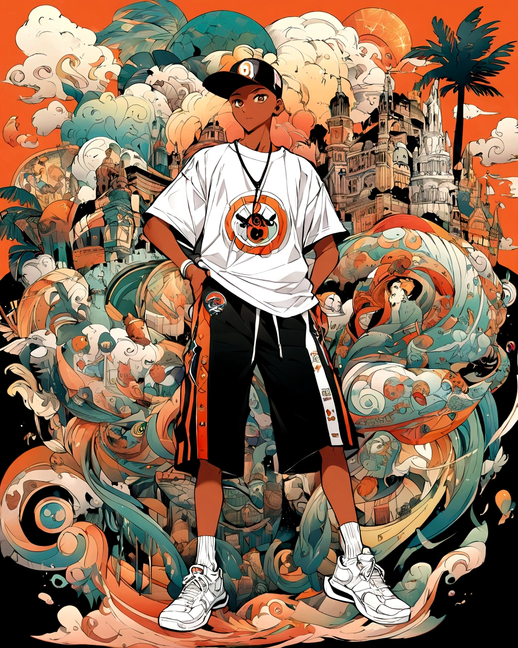 Create an anime-style illustration of a boy's character with a solid color background. The boy should be wearing a hip-hop style cap, tan shorts, white sneakers, and a white t-shirt featuring his team's colors. The overall look should convey a trendy and sporty vibe."