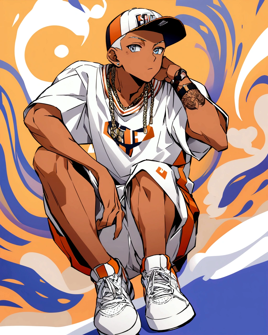 Create an anime-style illustration of a boy's character with a solid color background. The boy should be wearing a hip-hop style cap, tan shorts, white sneakers, and a white t-shirt featuring his team's colors. The overall look should convey a trendy and sporty vibe."