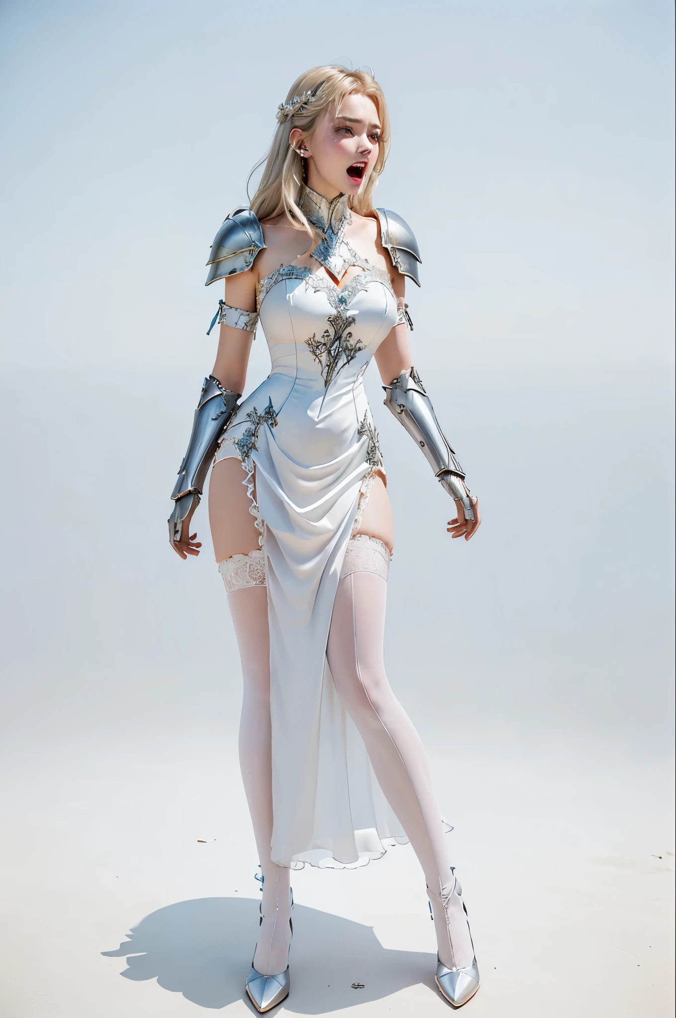 masterpiece, best photo reality, a beautiful woman in armor and evening dress is screaming, (armor on shoulder), (armor on arm), fancy white chiffon dress, thigh high stocking:1.1, dynamic pose, detailed facial expression screaming in pain, frightened facial expression, sexy gown, sexy dress, opened dress, 