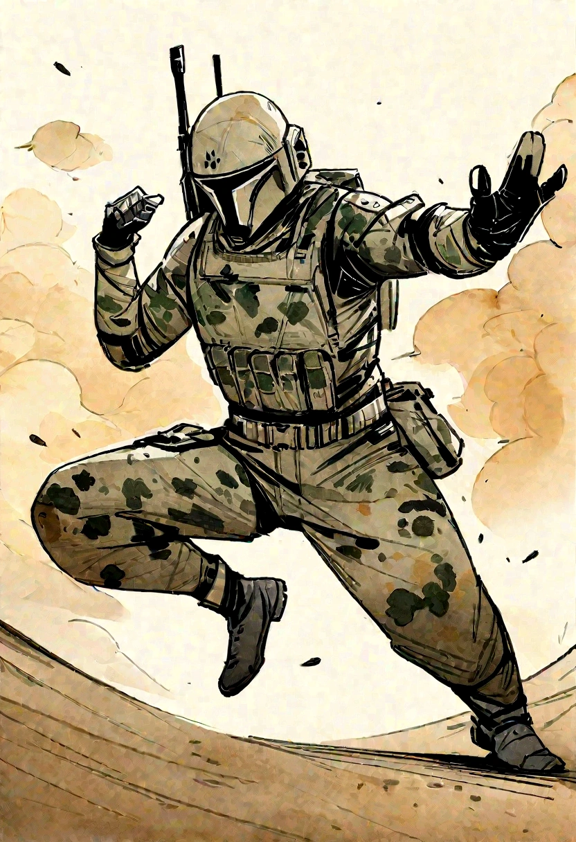 The Mandalorian Ink drawing, digital illustration, Comic strip style, Watercolor, artstation style, Conceptual art, 2D illustration, by Peter Draws, by Carne Griffiths, by Wadim Kashin, Full body, centered,Detailed, smooth, dynamic pose, camouflage, camo, camo armor